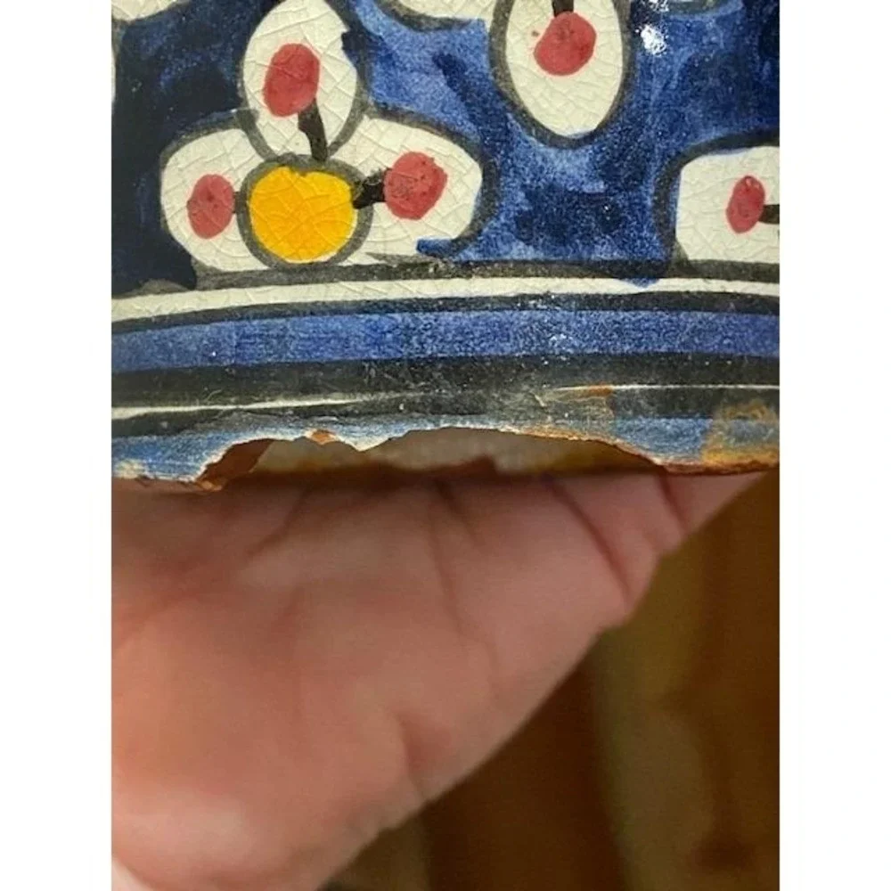 Safi Moroccan Pottery Planter Hand Painted Floral Vintage Blue Yellow